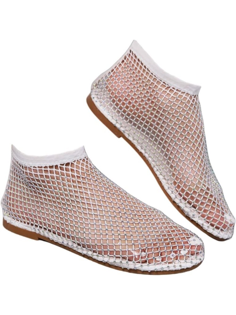 Women's White Mesh Comfortable Fishnet Low Heel Slip on Rhinestone Flats Shoes